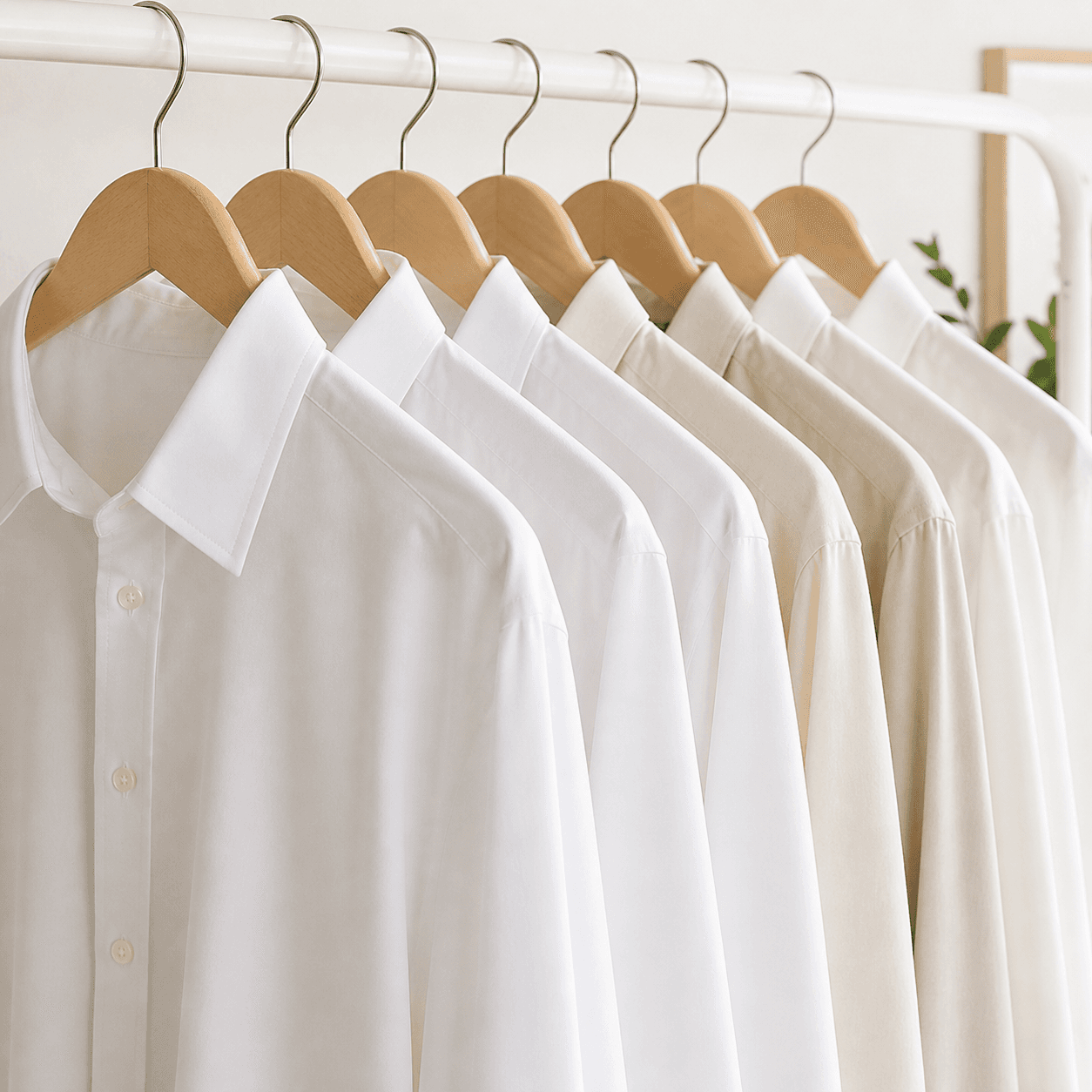 Freshly pressed shirts arranged on wooden hangers