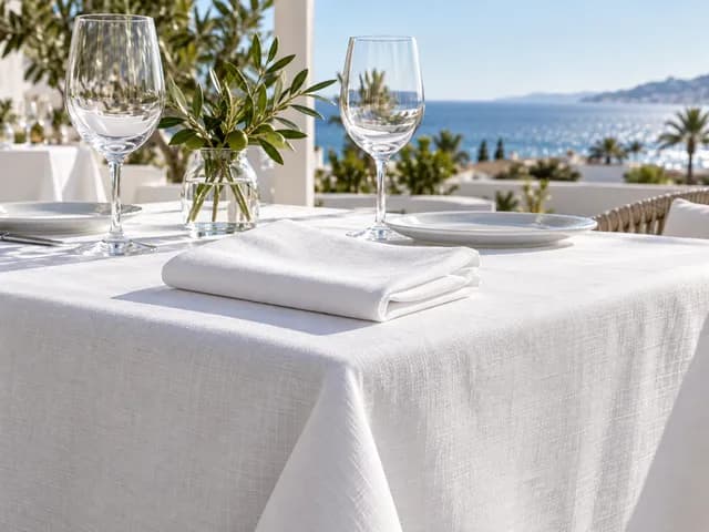 Mantel blanco y servilleta de tela en una terraza de restaurante