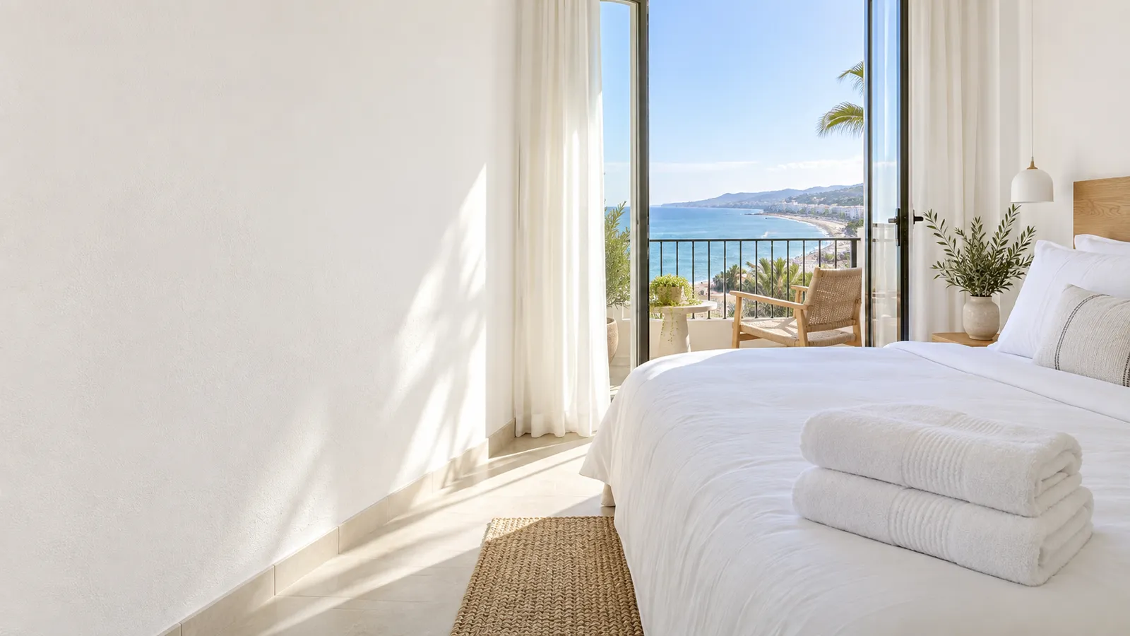 Ropa de cama blanca y toallas dobladas en una habitación de hotel, imagen ilustrativa