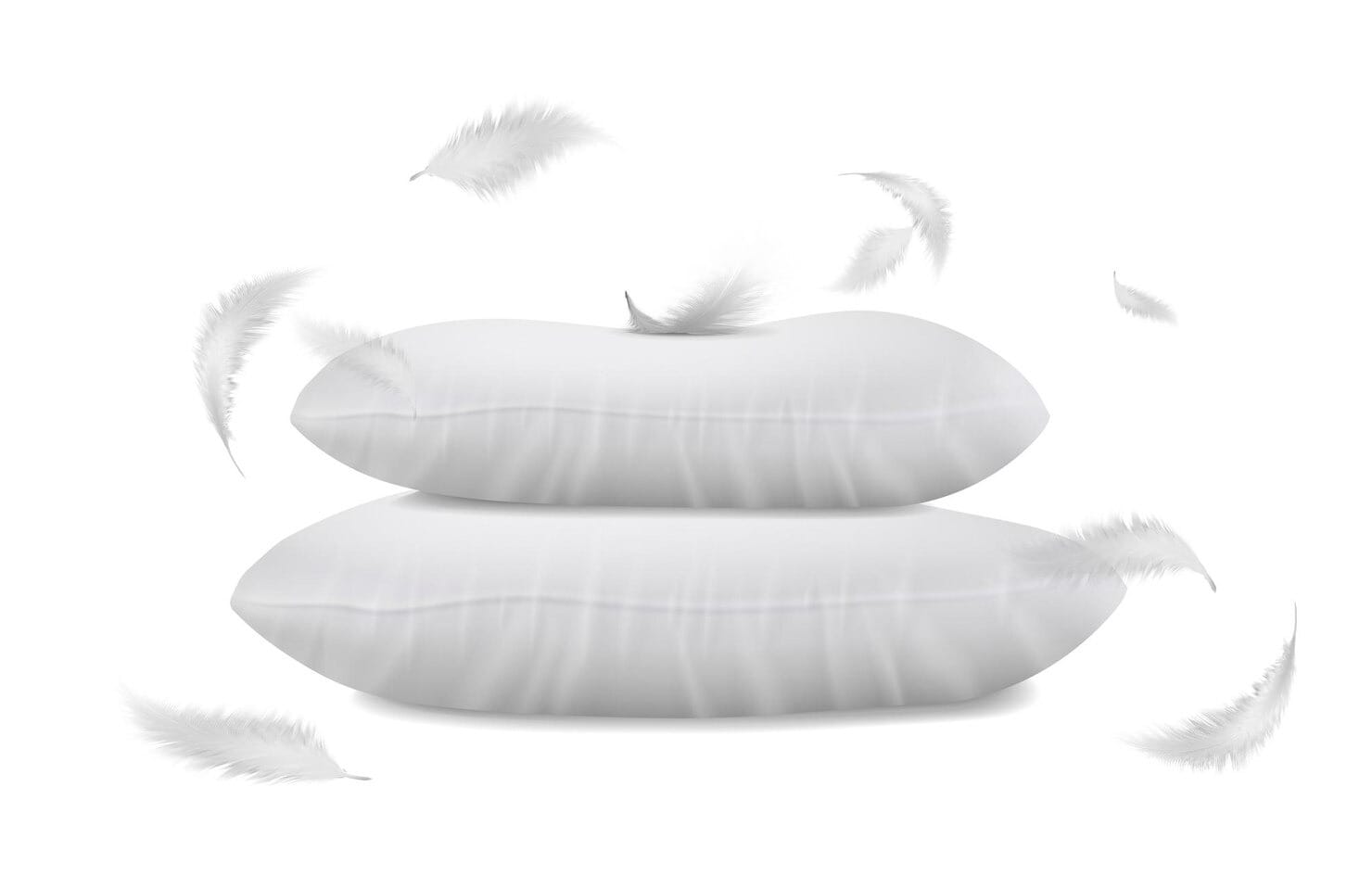 Realistic vector illustration side view white pillows with flying feathers around isolated w 134